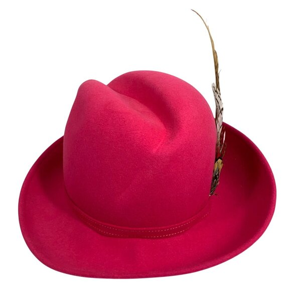 VTG Excello Hot Pink Wool Fedora Bowler Hat w/ Feather USA Bollman Mr. John - Picture 8 of 9